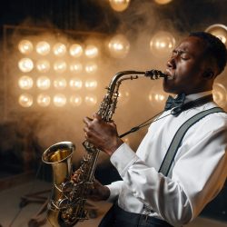 Black jazz performer plays the saxophone on the stage with spotlights. Black jazzman preforming on the scene